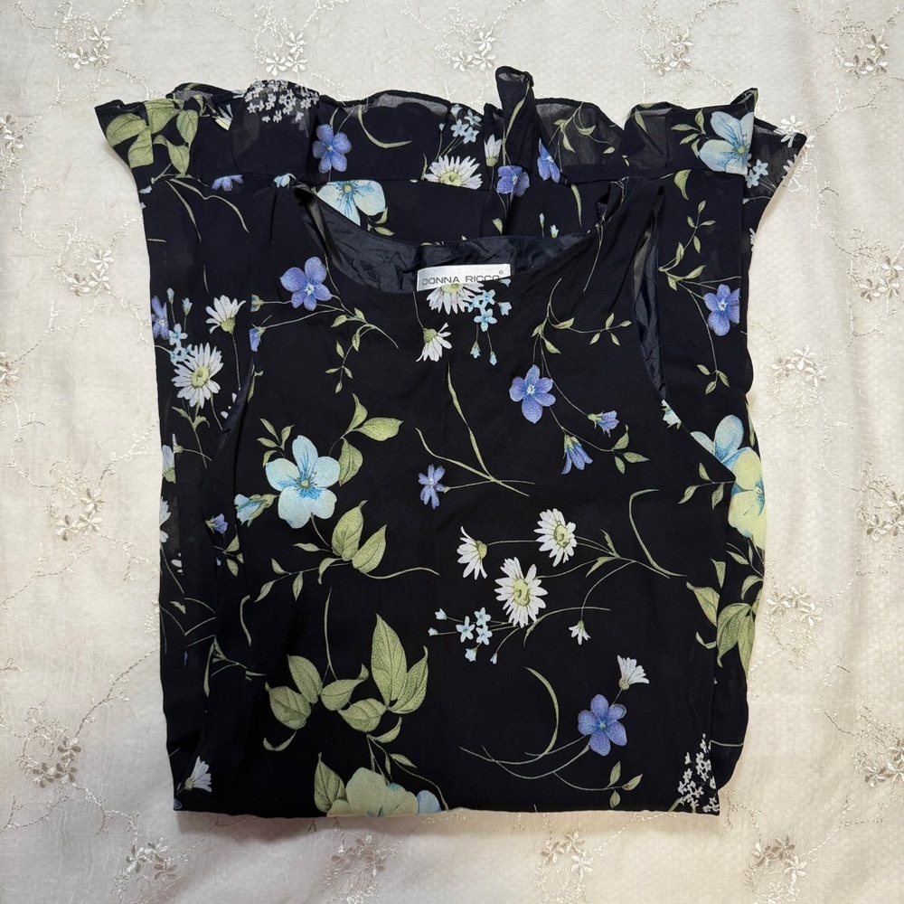 Vintage Donna Ricco Black Floral Midi Dress – Size 8P